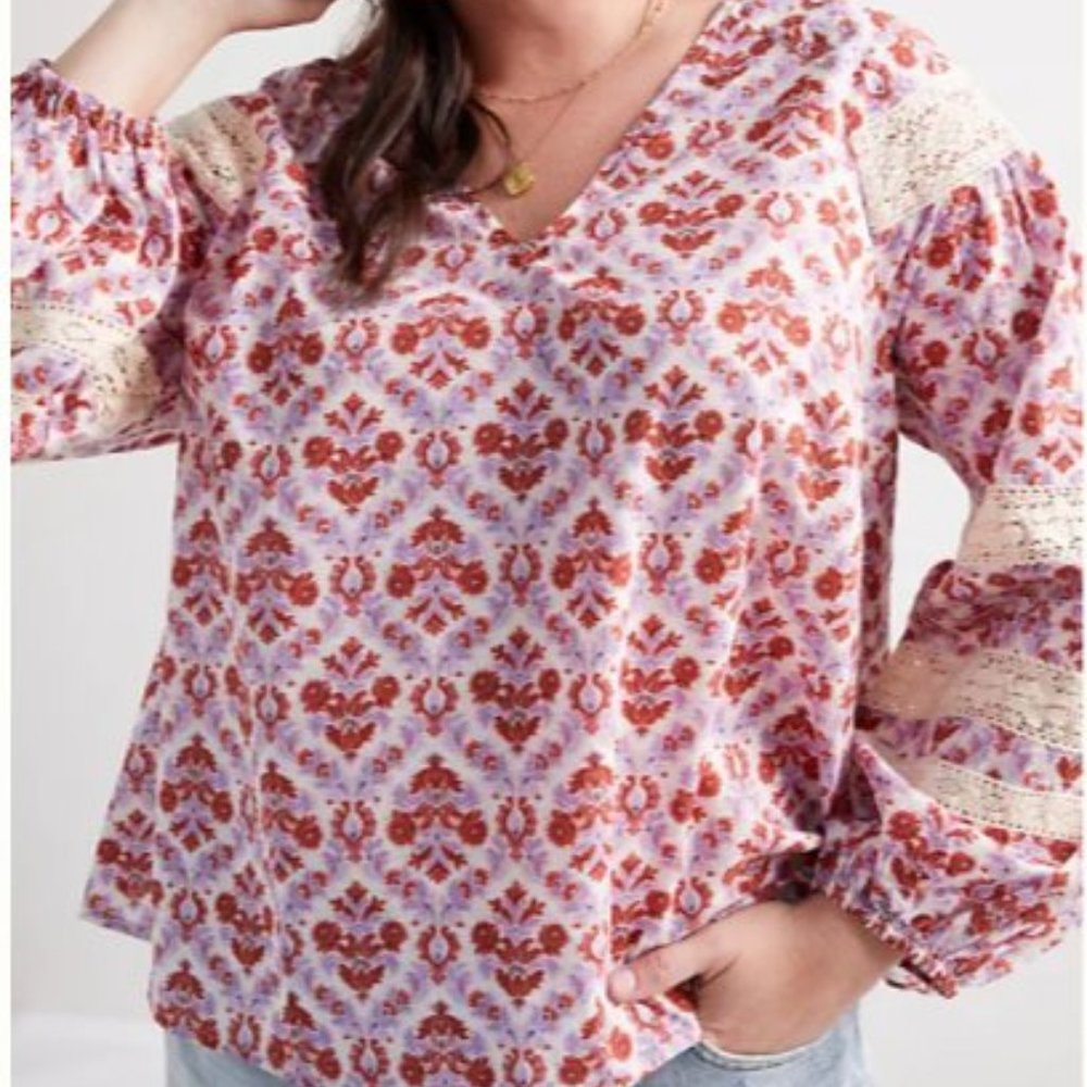 Anthropologie Yvonne Lace 3X Blouse Purple & Red Lace Insets Eze Sur Mer Brand